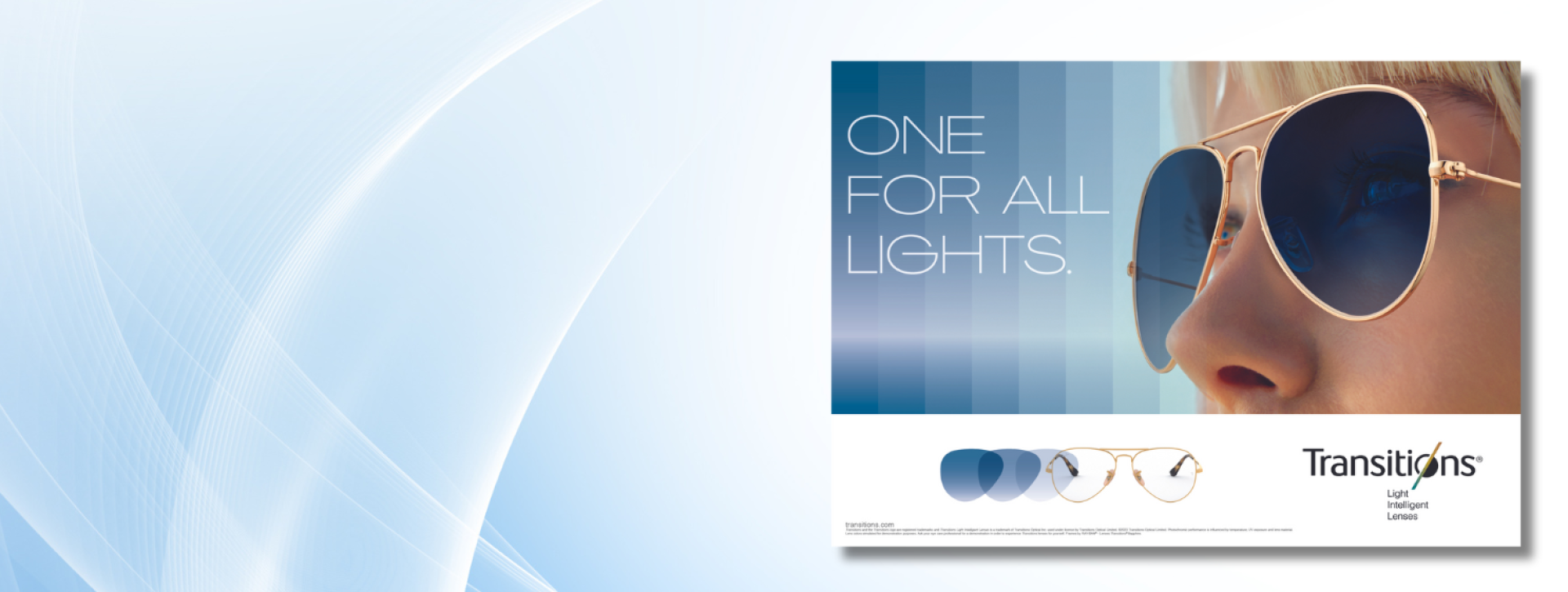 Blue and white gradient background with light flares and image of woman wearing transition lenses